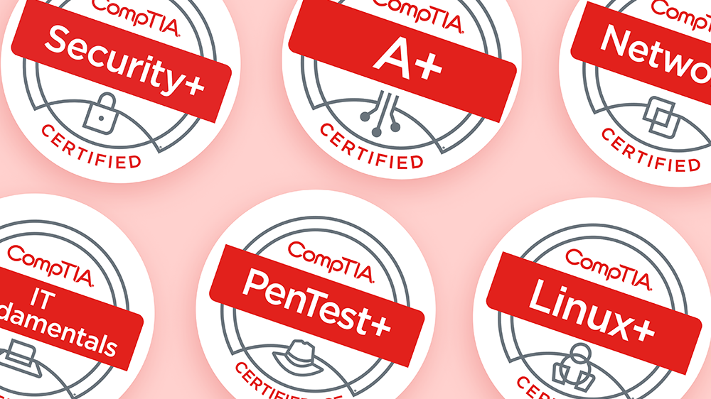 CompTIA certification badges including A+, Security+, Network+, Linux+, PenTest+, and IT Fundamentals certifications available on Udemy