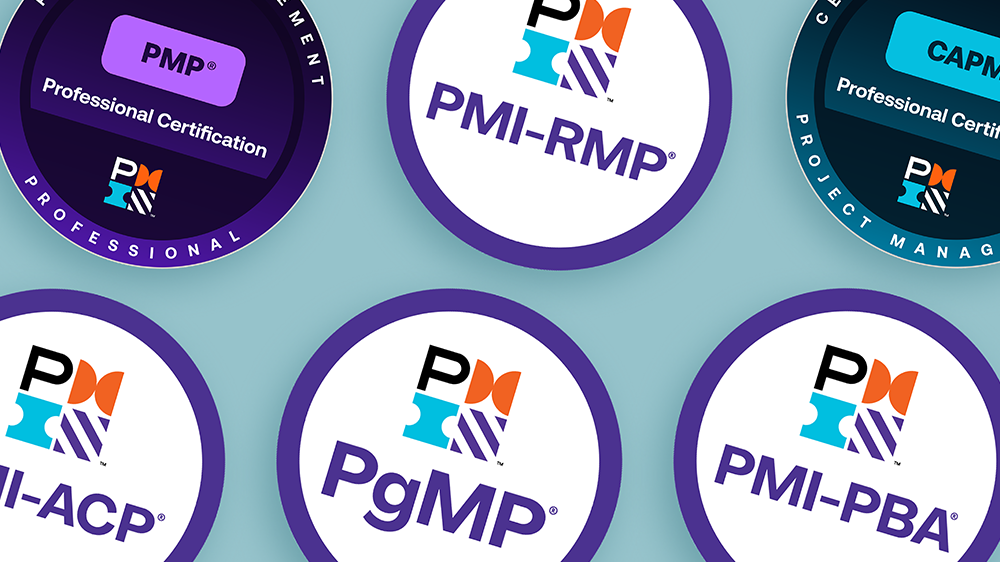 Project Management Institute (PMI) certification badges including PMP, CAPM, PMI-ACP, PMI-PBA, PMI-RMP, and PgMP professional certifications